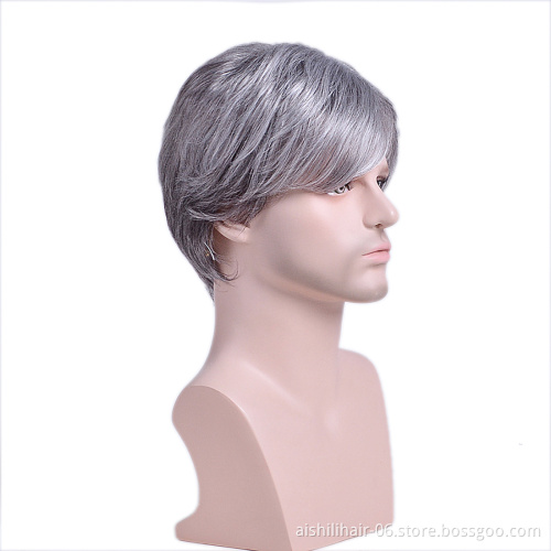 Wholesale Synthetic Short Mixed Dark Gray And Gray Silk Straight Hair Wigs For Men